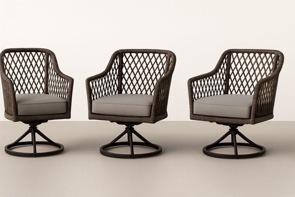 Lot de 3 fauteuils pivotants en corde et métal avec coussins