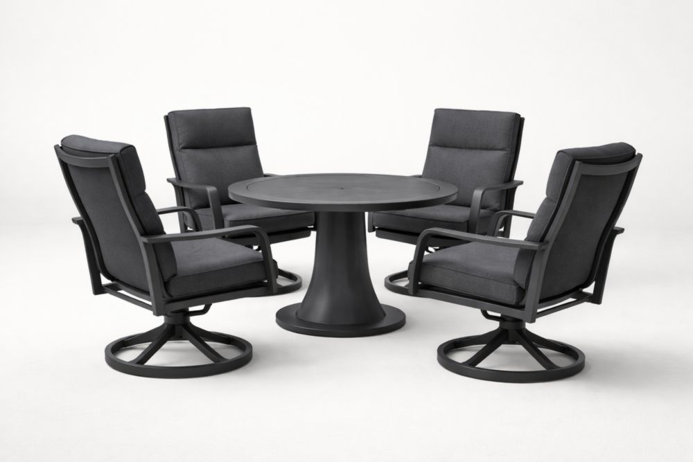 Ensemble de table et chaises de jardin avec table ronde en aluminium et chaises en tissu polyester gris et noir