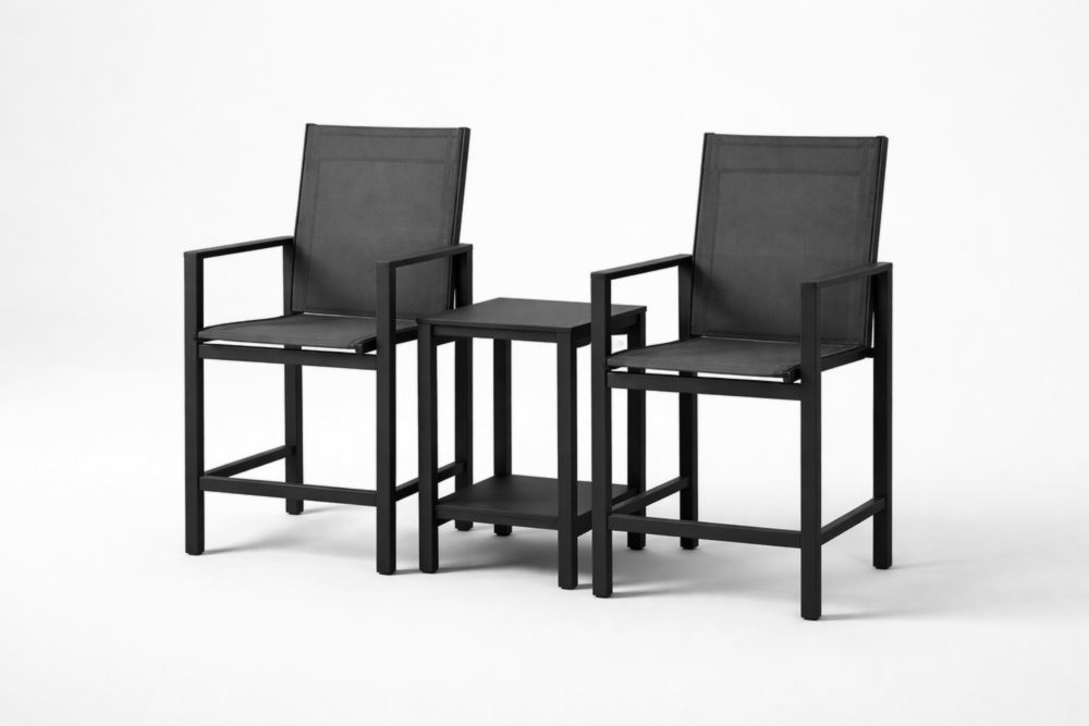 Ensemble de table et 2 chaises en aluminium avec assise en textilène noir pour extérieur