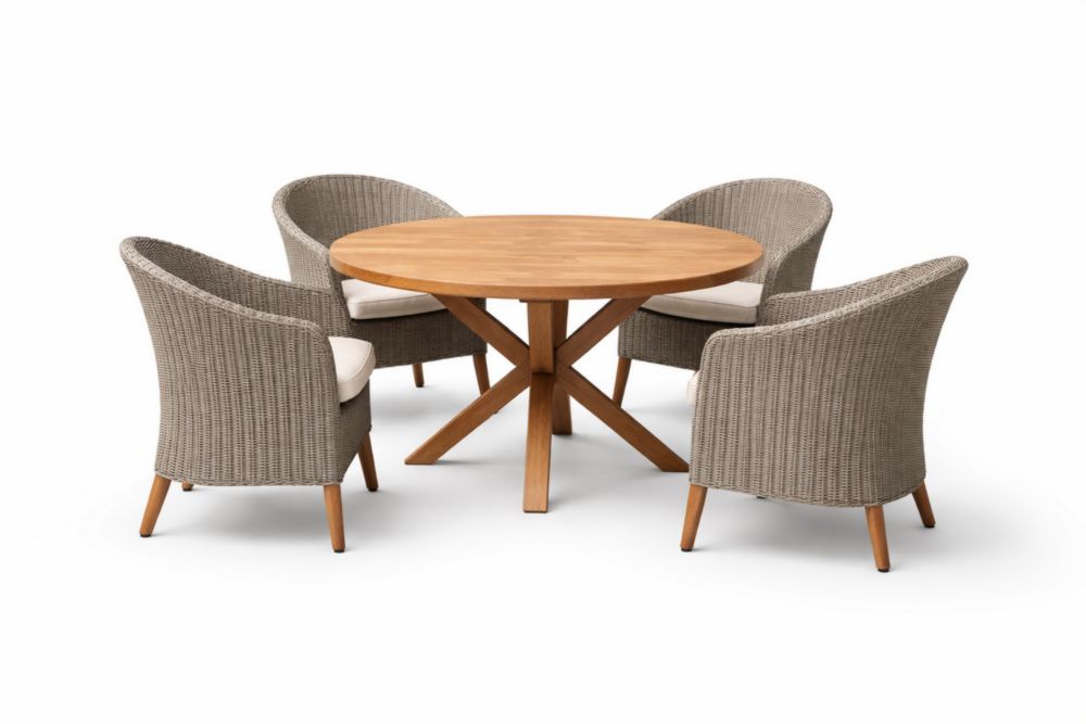 Table ronde en bois massif avec 4 chaises en rotin pour extérieur