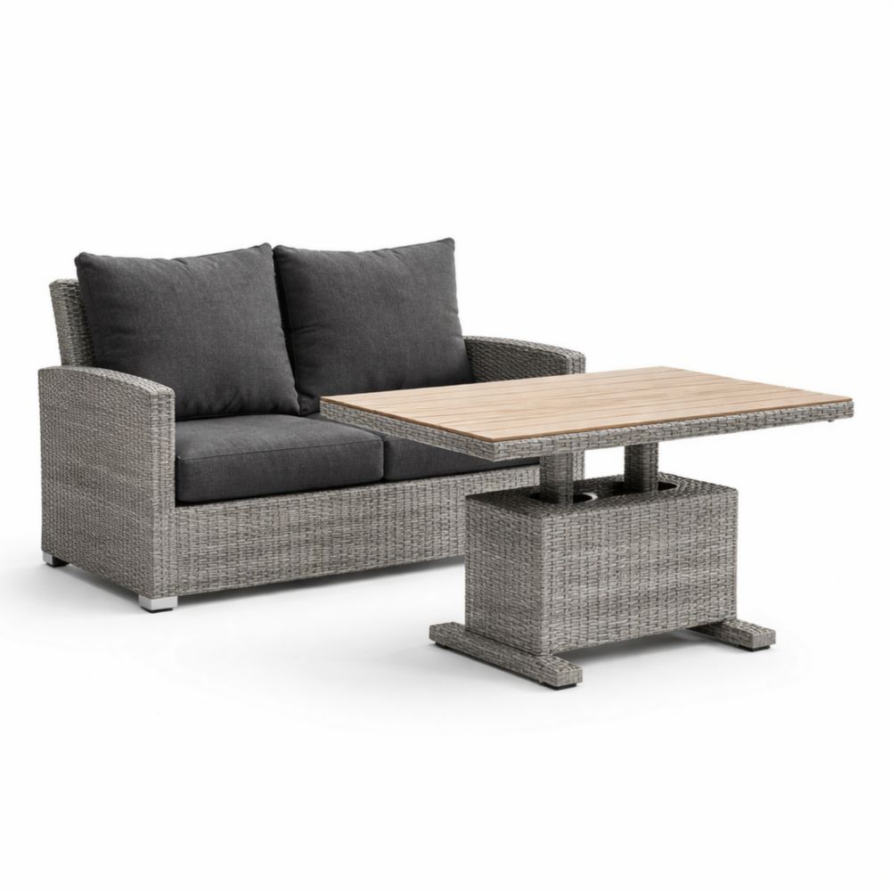 Canapé et Table d'Extérieur en Rotin et Bois 2 Places Gris