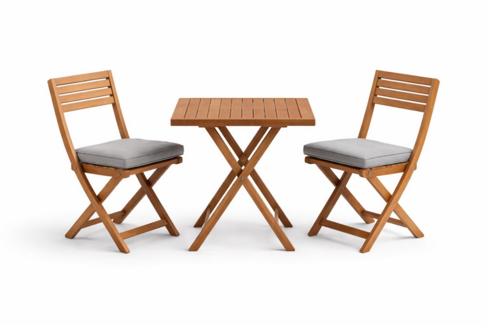 Ensemble de table et chaises pliantes en acacia avec coussins gris pour extérieur