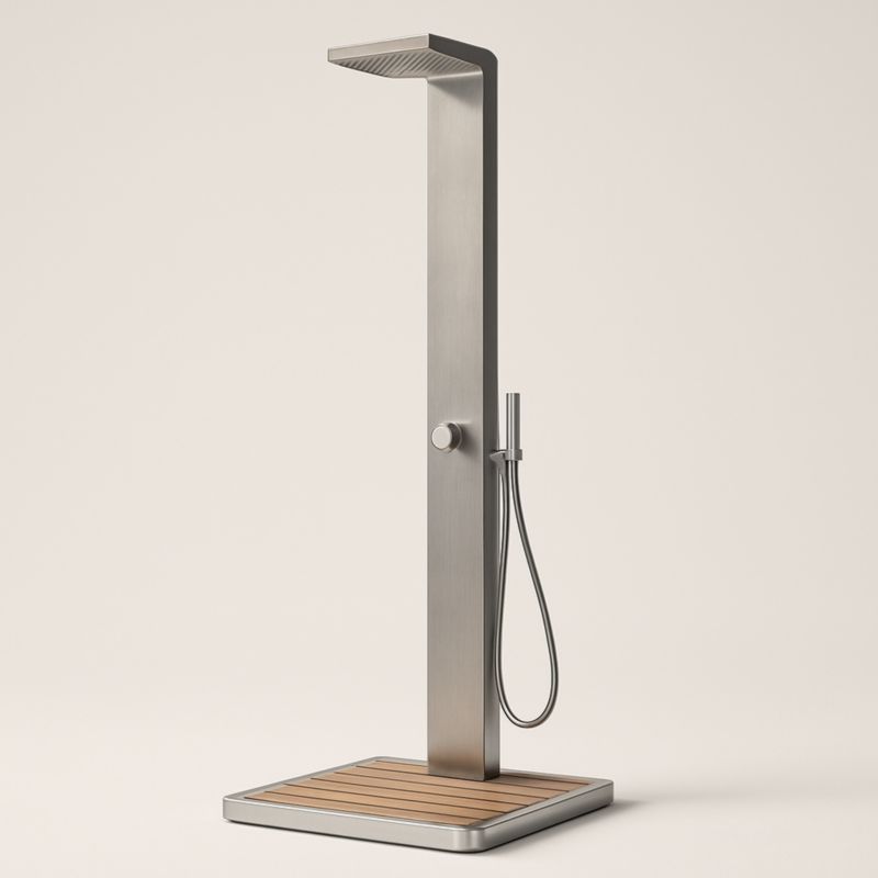 Douche extérieure en acier inoxydable avec base en bois