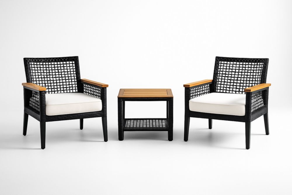 Ensemble de mobilier d'extérieur 3 pièces en résine tressée et bois de teck avec coussins écru