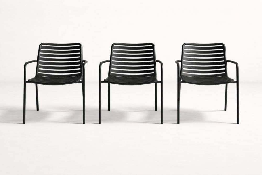 Set di 3 Sedie da Esterno in Metallo e Plastica Nera