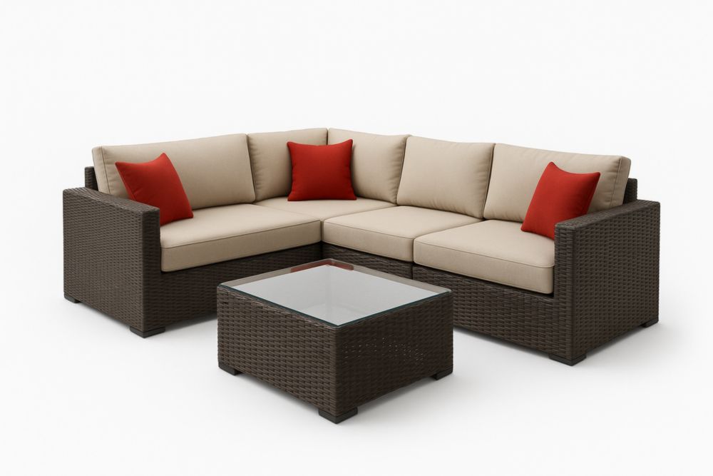 Set Divano Angolare da Giardino in Rattan con Tavolino in Vetro Temperato