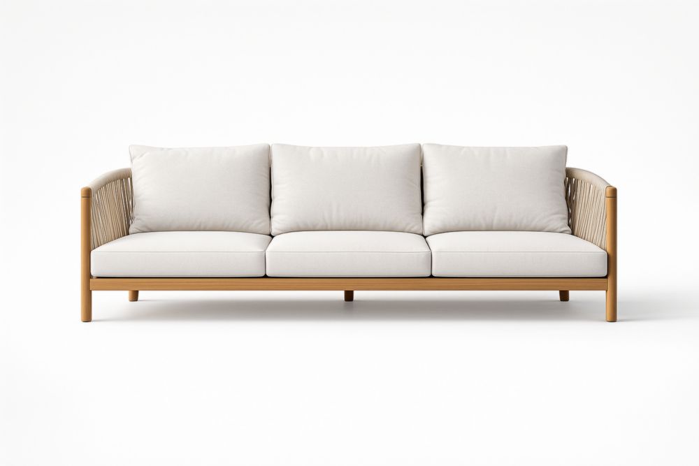 Divano a 3 posti in legno e corda con cuscini sfoderabili crema