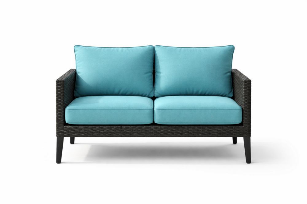 Divano a due posti in rattan con cuscini blu in poliestere