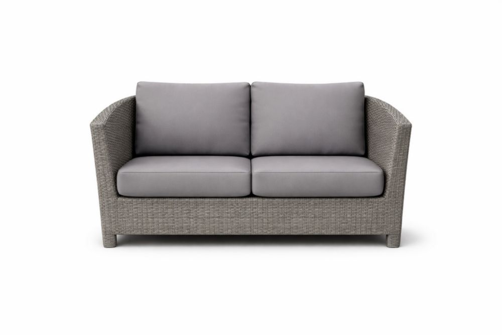 Divano a due posti in rattan sintetico con cuscini grigi