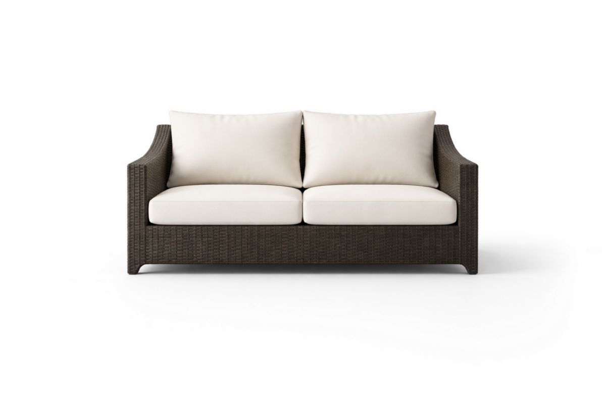 Divano in Rattan Due Posti Marrone con Cuscini Bianchi