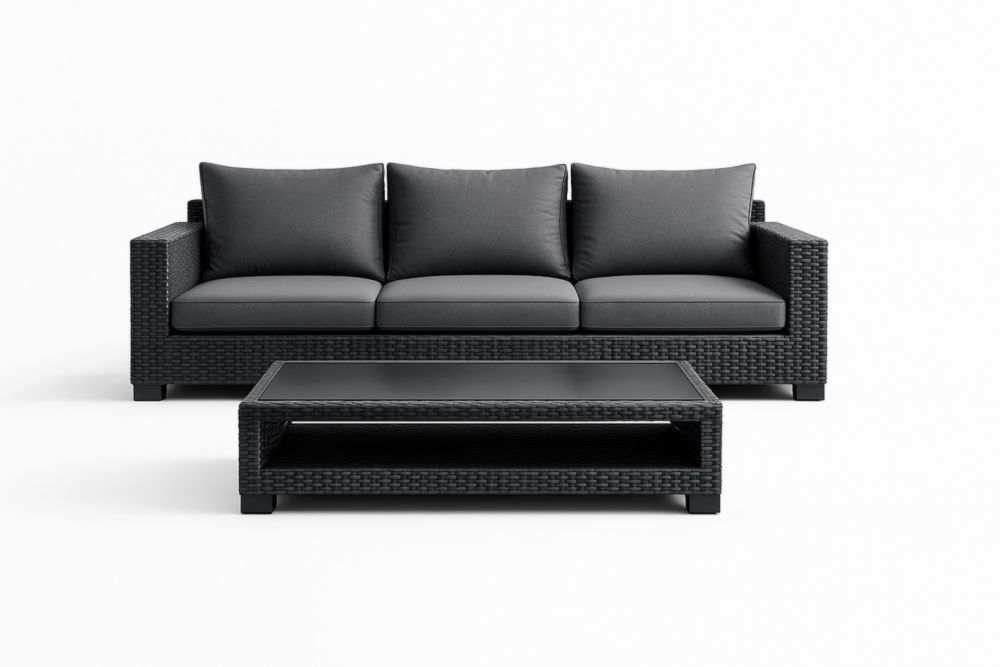 Set Divano Rattan Sintetico Cuscini Grigio con Tavolino