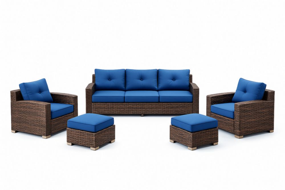 Set Divano da Esterno in Rattan Sintetico con Cuscini Blu, 5 Pezzi