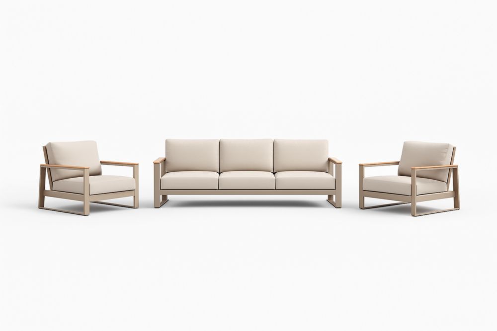 Set Divano e Poltrone da Esterno in Teak con Cuscini Beige