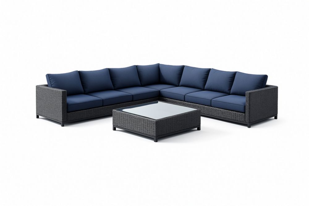 Divano angolare 7 posti in rattan con tavolino e cuscini Blu