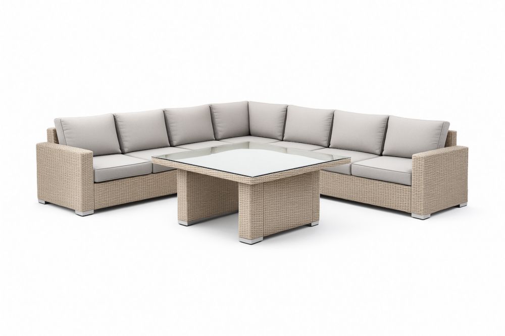 Set Divano da Giardino in Polyrattan Beige con Tavolo in Vetro Temperato