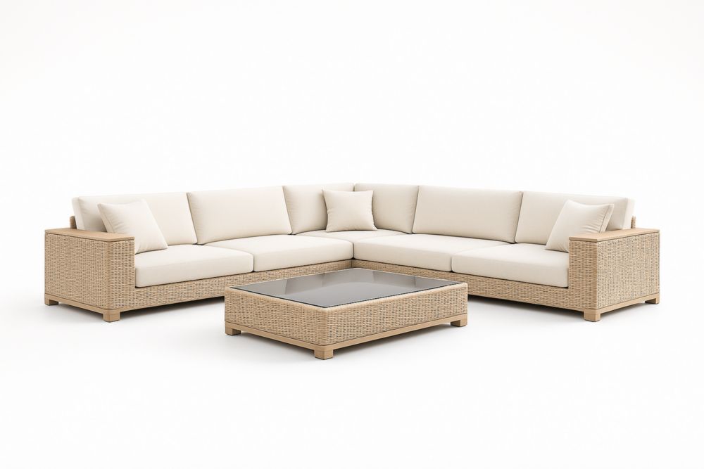 Set Divano Angolare in Rattan Sintetico Beige con Cuscini Crema e Tavolino con Piano in Vetro