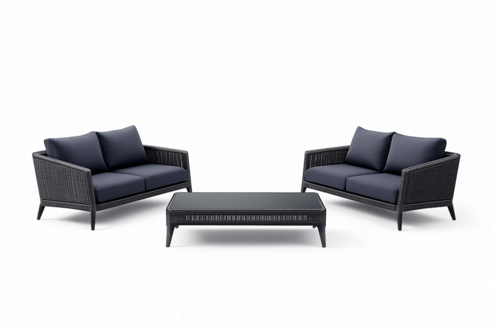 Set da giardino con divani e tavolino in rattan sintetico e cuscini blu scuro