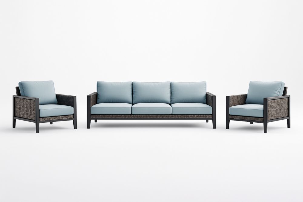 Set Divano e Poltrone in Rattan Sintetico con Cuscini Blu