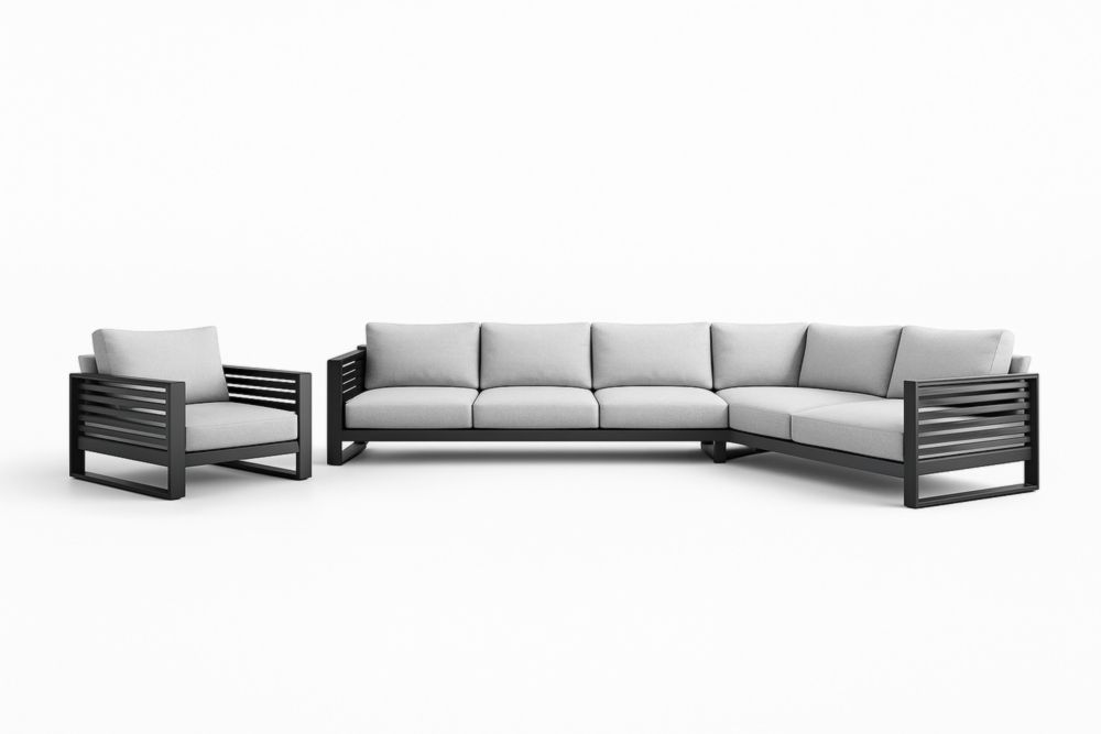 Set Divano angolare e Poltrona in Alluminio con Cuscini Grigi