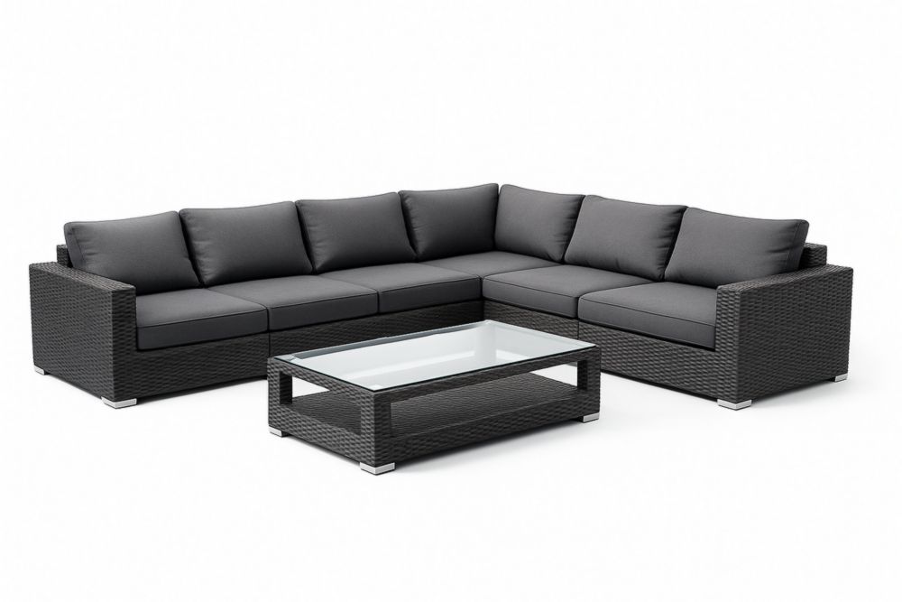 Divano angolare da esterno in polyrattan con tavolino in vetro temperato