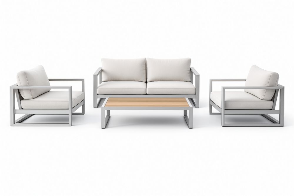 Set salotto esterno in alluminio con cuscini in tessuto acrilico bianco