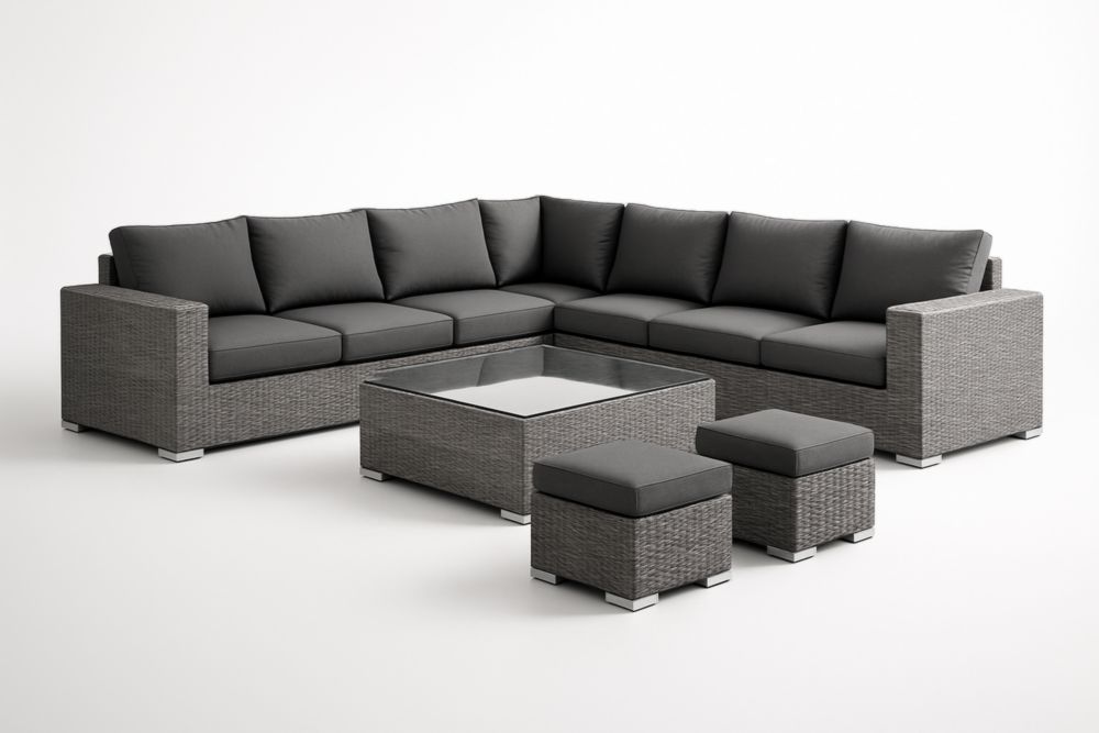 Set Divano Angolare da Esterno in Rattan Grigio con Tavolino e Pouf