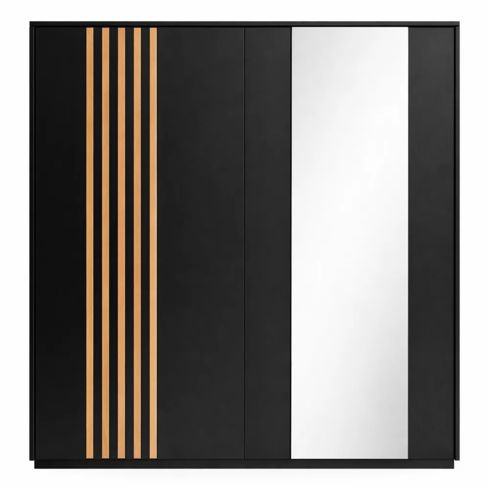Armoire à Portes Coulissantes avec Miroir, 150 cm, Noir et Bois Naturel