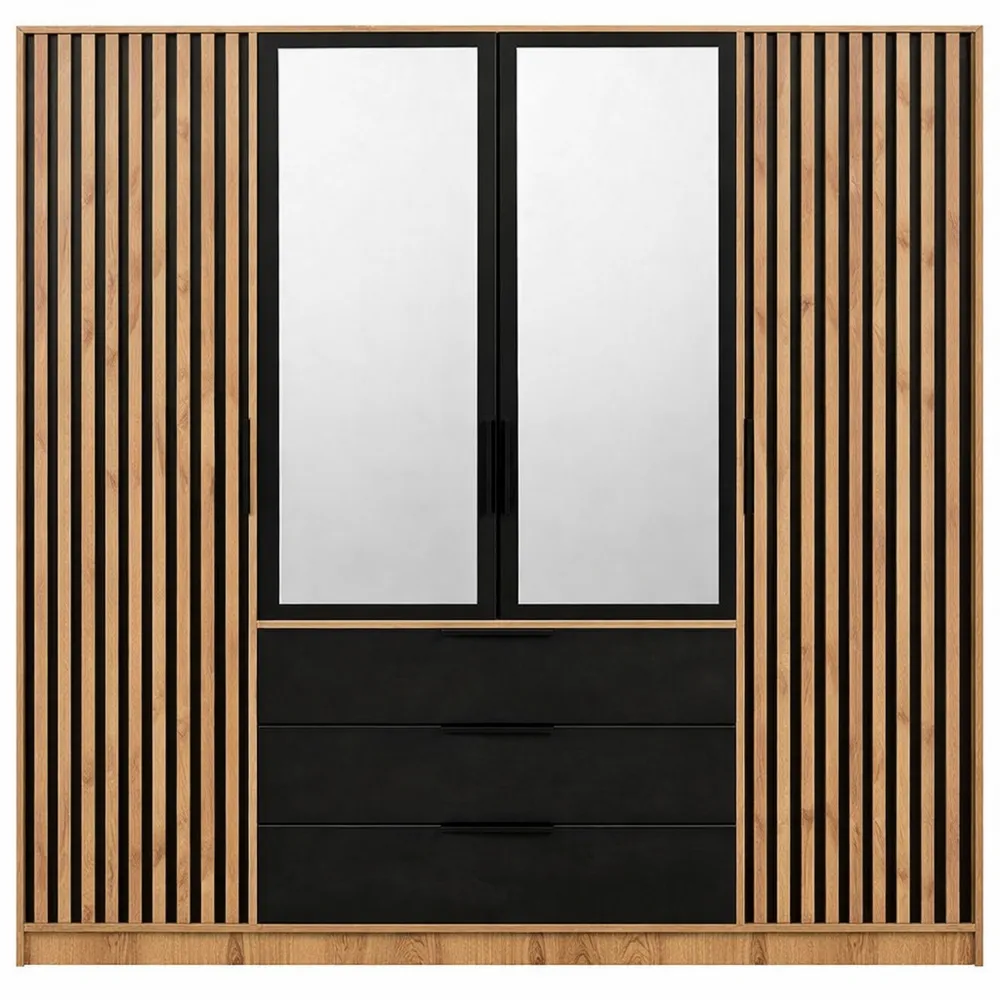 Grande armoire moderne avec miroir et tiroirs, bois naturel et noir