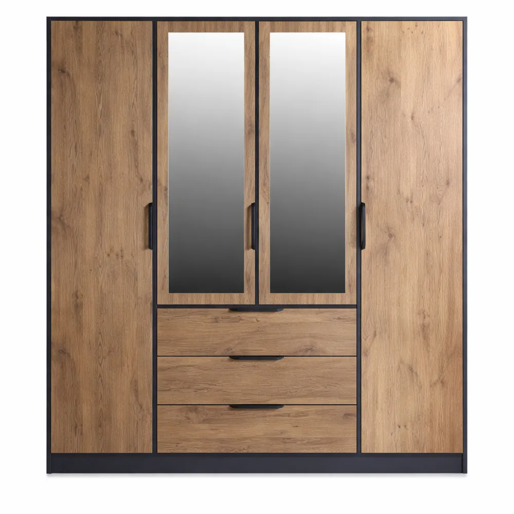 Armoire 4 portes et 3 tiroirs avec miroirs, L196 cm, naturel et noir