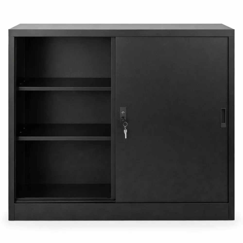 Armoire à dossiers avec portes coulissantes, 2 étagères, noir