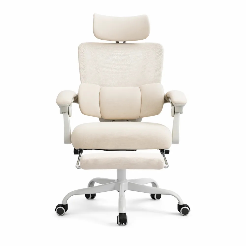 Fauteuil de Bureau Ergonomique avec Appui-tête et Repose-Pieds, Support Lombaire et Siège Réglables, Inclinaison Confortable, Capacité 150kg, Beige