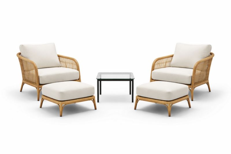 Ensemble de jardin en rotin avec coussins beige et table en verre