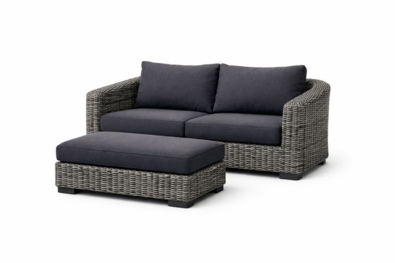 Ensemble de canapé et pouf en résine tressée gris foncé avec coussins en polyester