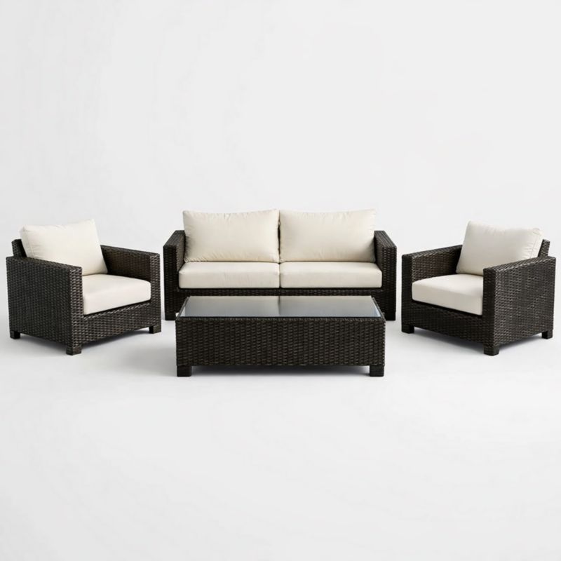 Ensemble de Mobilier de Jardin en Résine et Verre Trempé avec Coussins