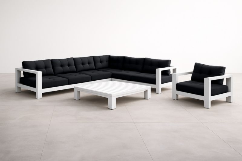 Ensemble de salon extérieur en aluminium blanc et coussins noirs