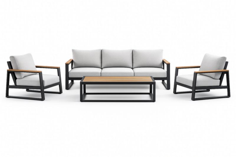 Ensemble de salon extérieur aluminium et bois d'acacia avec coussins gris clair