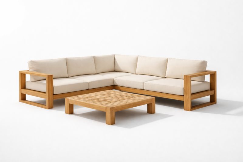 Ensemble de canapé d'angle en teck avec coussins beiges