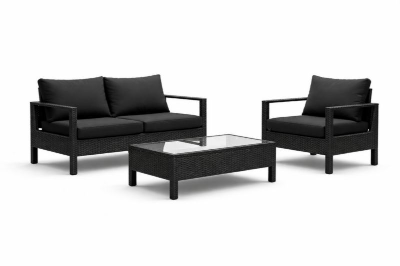 Ensemble de jardin en résine tressée avec table en verre trempé et coussins en polyester Noir