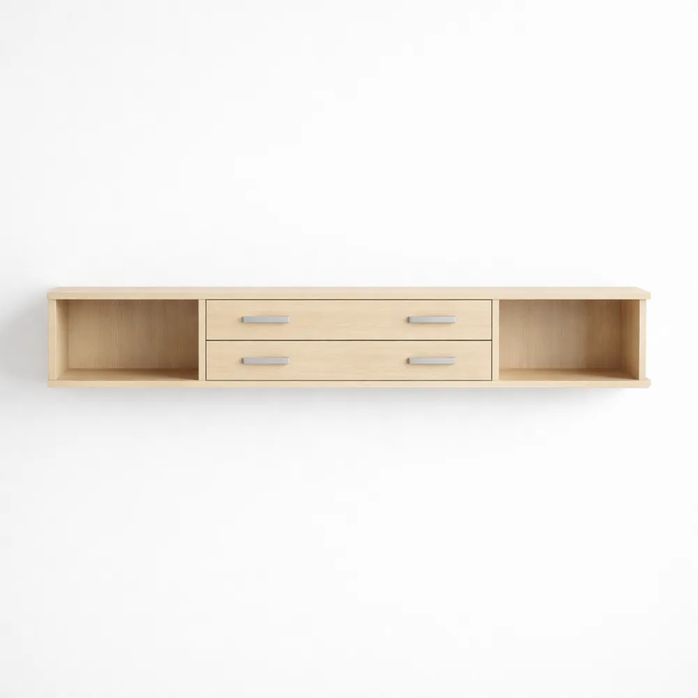 Meuble TV mural avec étagères intégrées et connectivité moderne, effet bois naturel-Furnihouseco