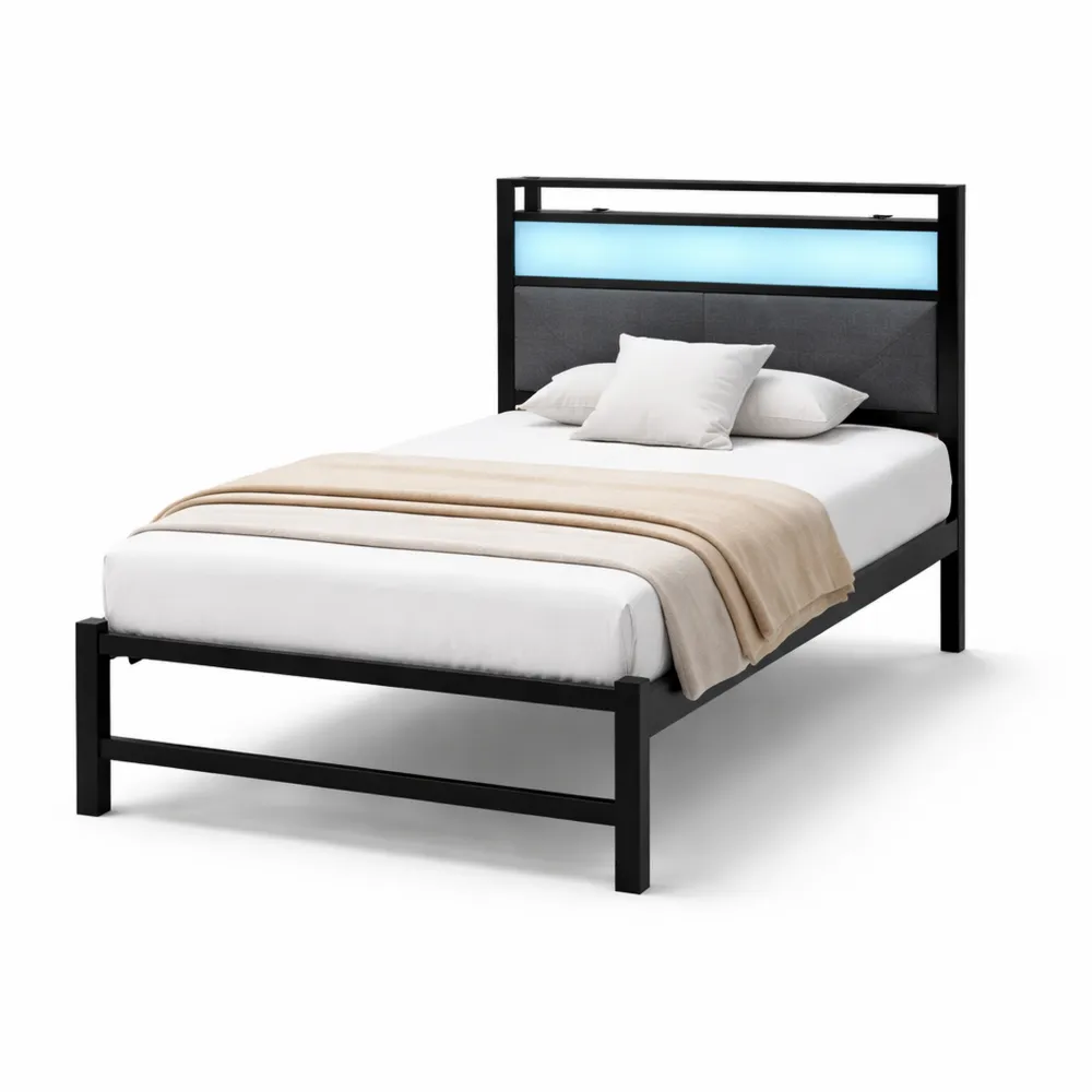 Cadre de lit en métal avec LED et rangement, 90x200 cm, gris foncé-Furnihouseco