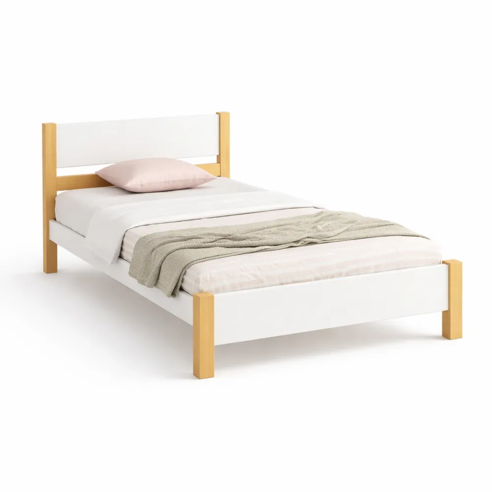 Lit simple en bois avec cadre central, blanc et naturel, 90x200 cm-Furnihouseco