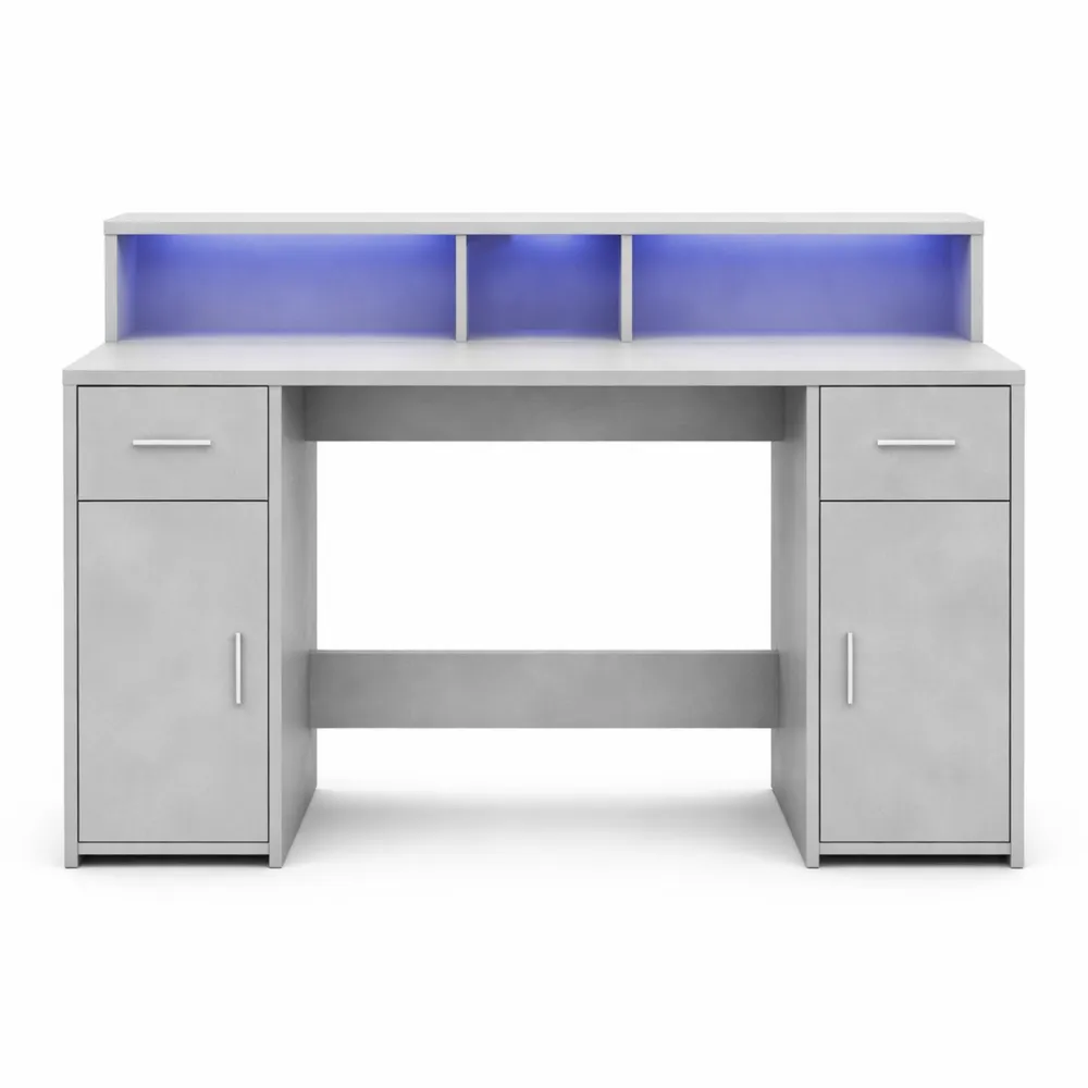 Bureau en Bois Gris avec Éclairage LED 140x55x91cm-Woodlivingco