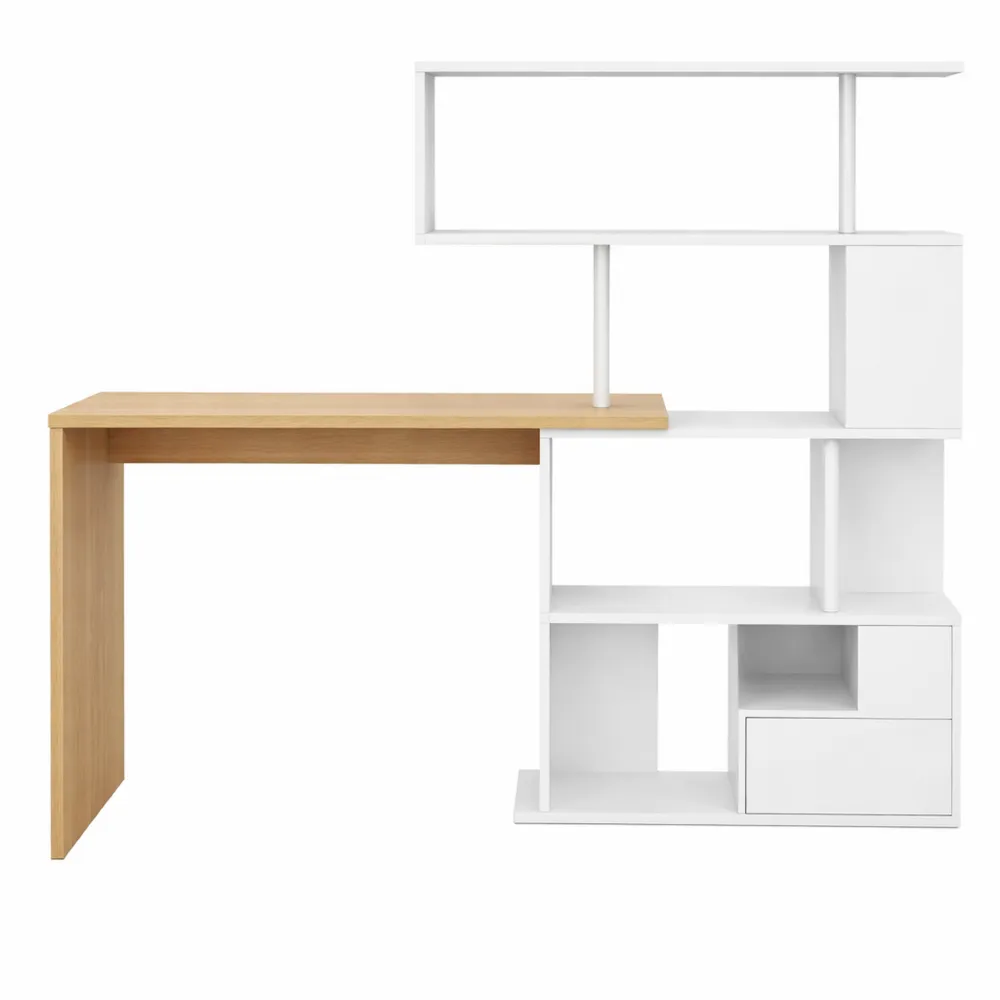 Table de Travail avec Étagères de Rangement à 4 Niveaux, 157 x 45 x 130,5 cm, Chêne et Blanc-Woodlivingco