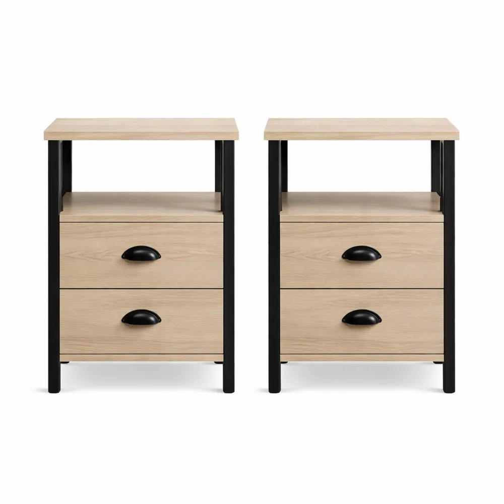 Table de Chevet en Bois Style Industriel avec Tiroirs et Pieds Métal Ajustables-Furnivillaco