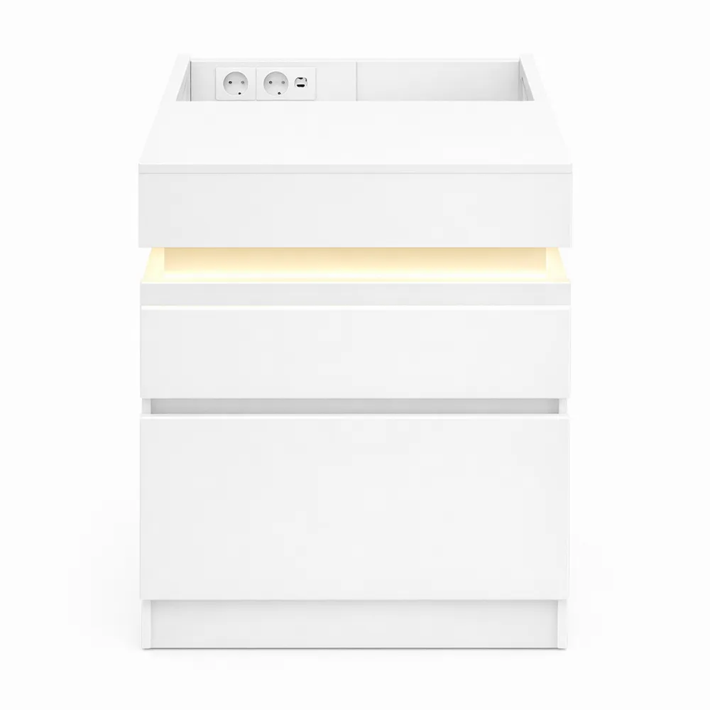 Table de Chevet Moderne avec Prise et LED, Lot de 2, 2 Tiroirs, Couvercle Coulissant-Furnivillaco