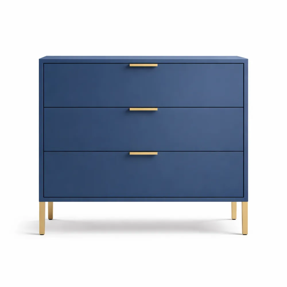 Commode 3 tiroirs Bleu Nuit avec accents dorés 80 cm-Furnivillaco
