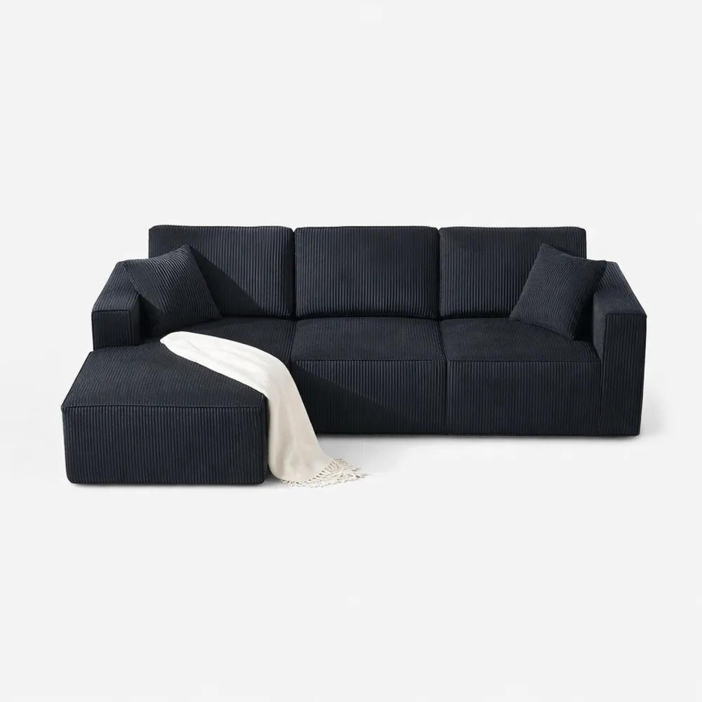 Canapé d'angle 3 places en velours côtelé noir avec méridienne gauche