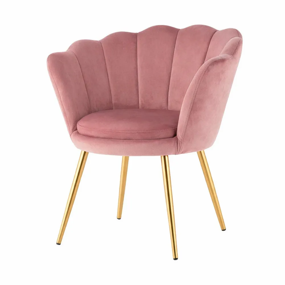 Fauteuil en velours rose poudré avec pieds dorés, idéal pour salon, chambre ou salle à manger