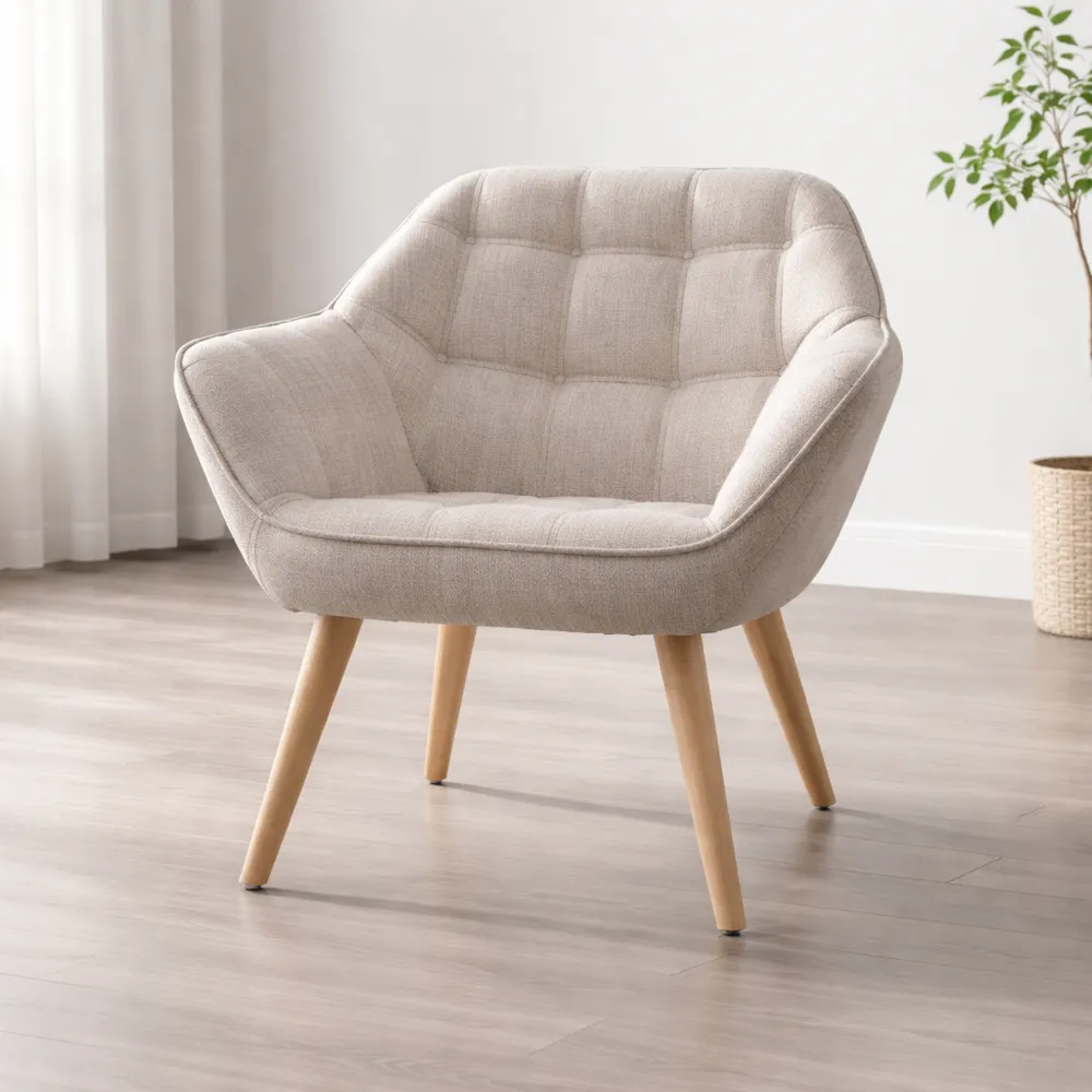 Fauteuil de Salon Scandinave en Lin Beige avec Pieds en Bois