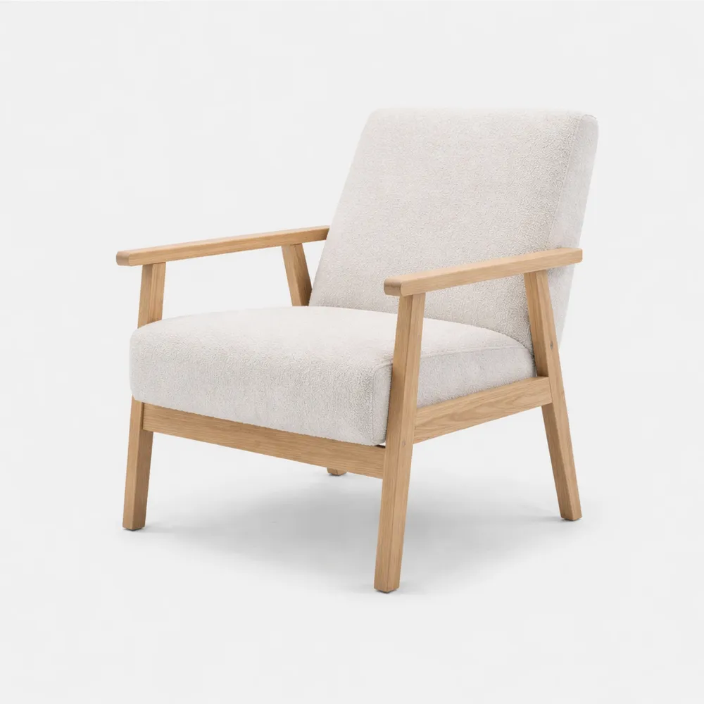Fauteuil en bois et tissu bouclette moderne